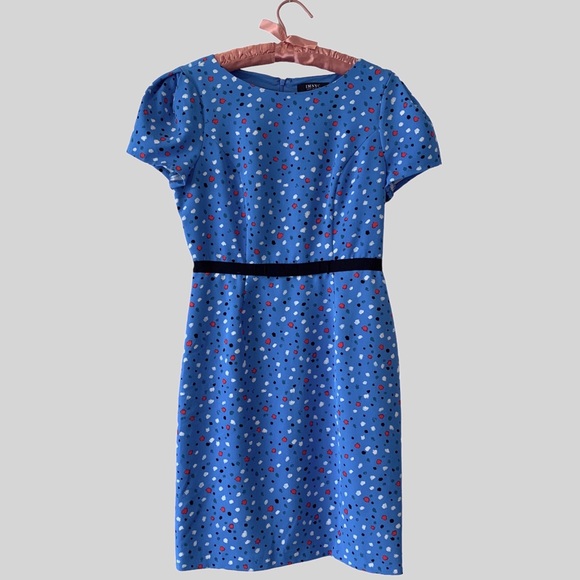 ISAAC MIZRAHI BLUE SHORT SLEEVE CONFETTI DRESS  RIBBON BELT - Picture 7 of 16